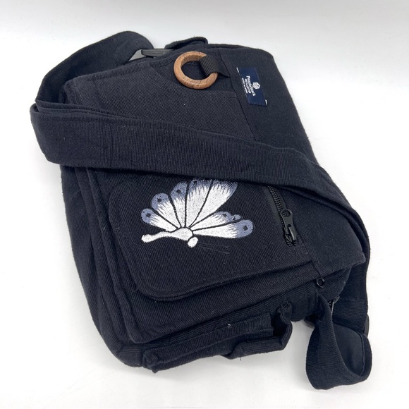 Lukla Black Messenger Bag with Butterfly Embroidery - Picture 3 of 10